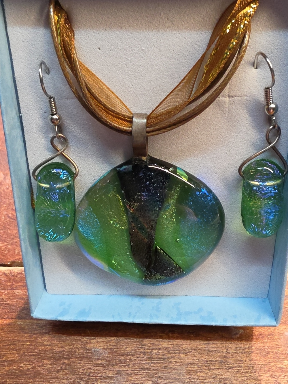 Handmade Green Glass Pendant Necklace with Matching Earrings